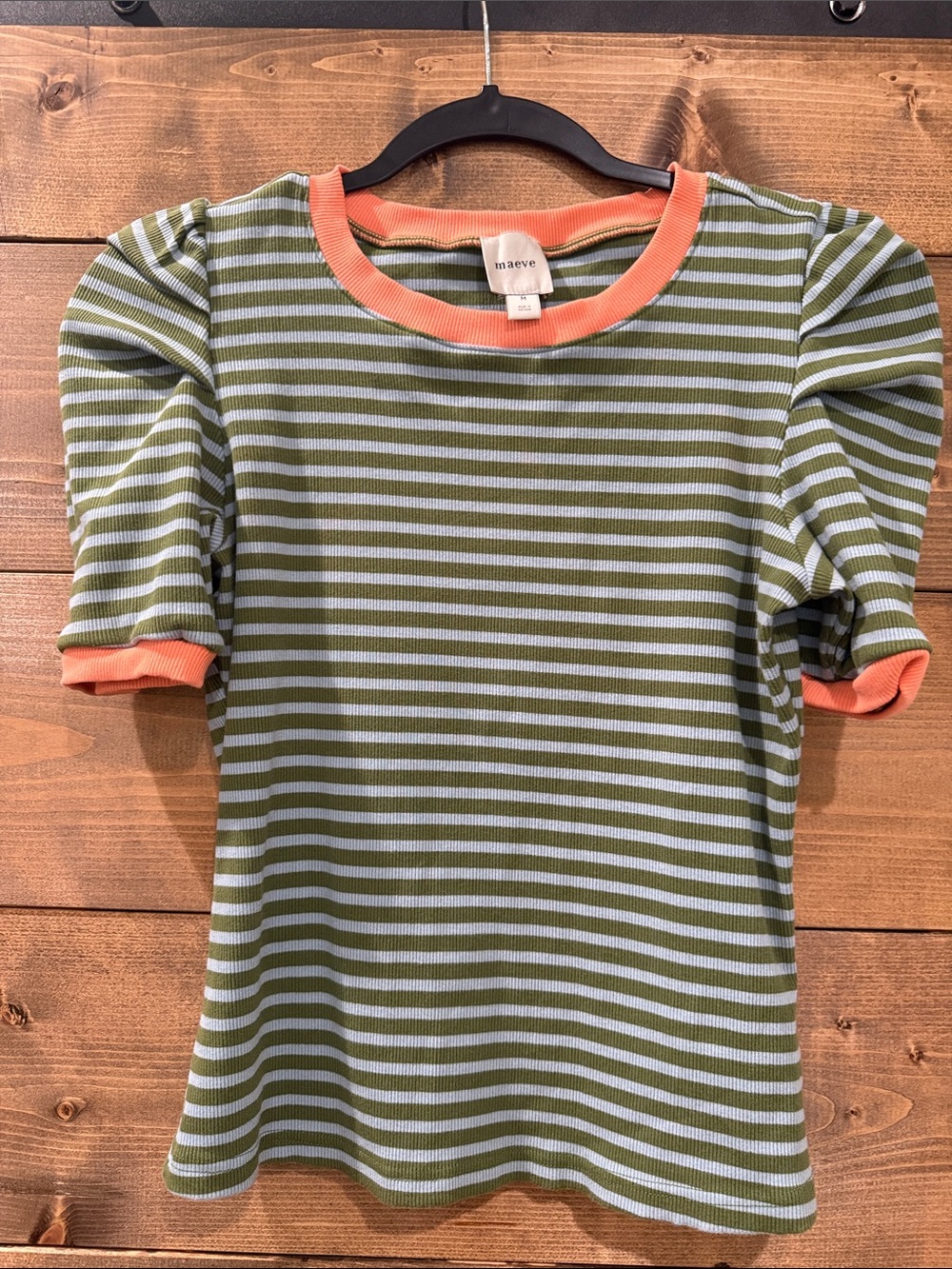 Maeve Olive & Light Blue Striped Puff Sleeve Tee with Coral Trim
